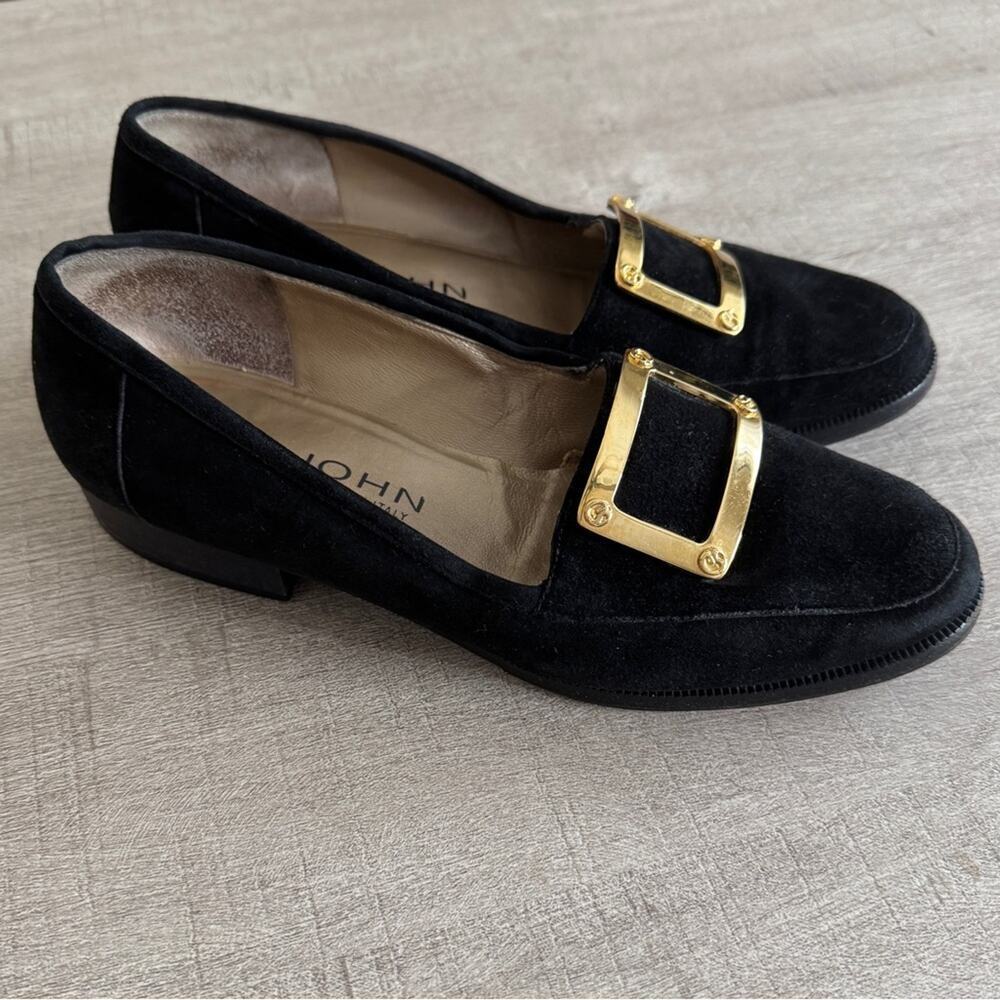 St. John Suede Leather Gold Hardware Flats Loafers Black Size 6.5